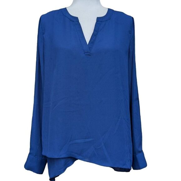 Anne French Navy Blue Front Overlap Blouse Top Tunic Round Split Neck Size M - Picture 1 of 8
